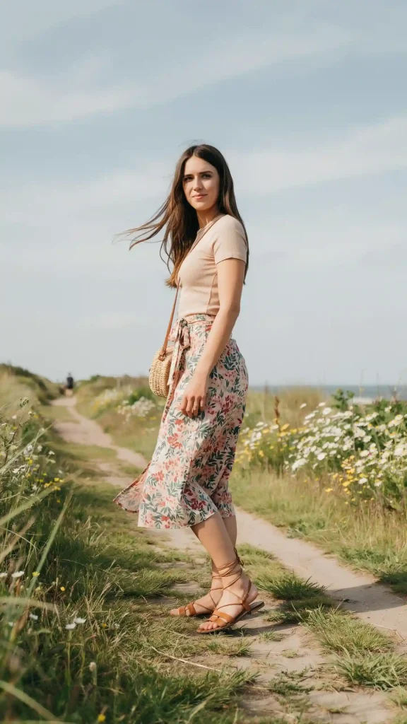 Printed-Wrap-Midi-Skirt-With-A-Solid-Tee Printed Wrap Midi Skirt With A Solid Tee