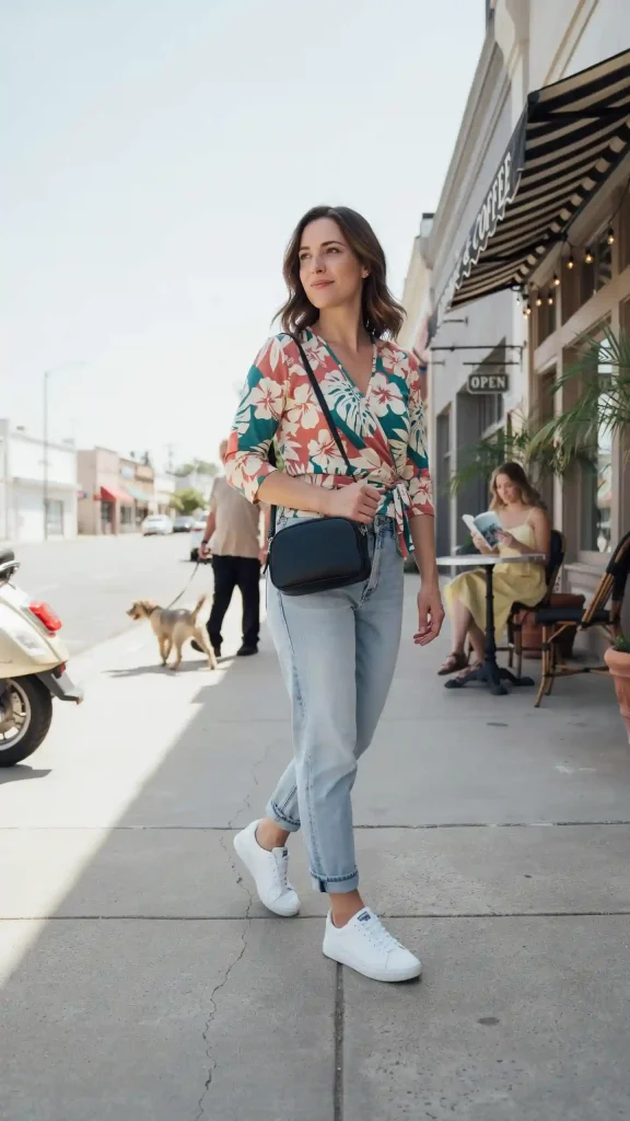 Printed-Wrap-Top-with-Straight-Denim-Jeans-Style Printed Wrap Top with Straight Denim Jeans Style