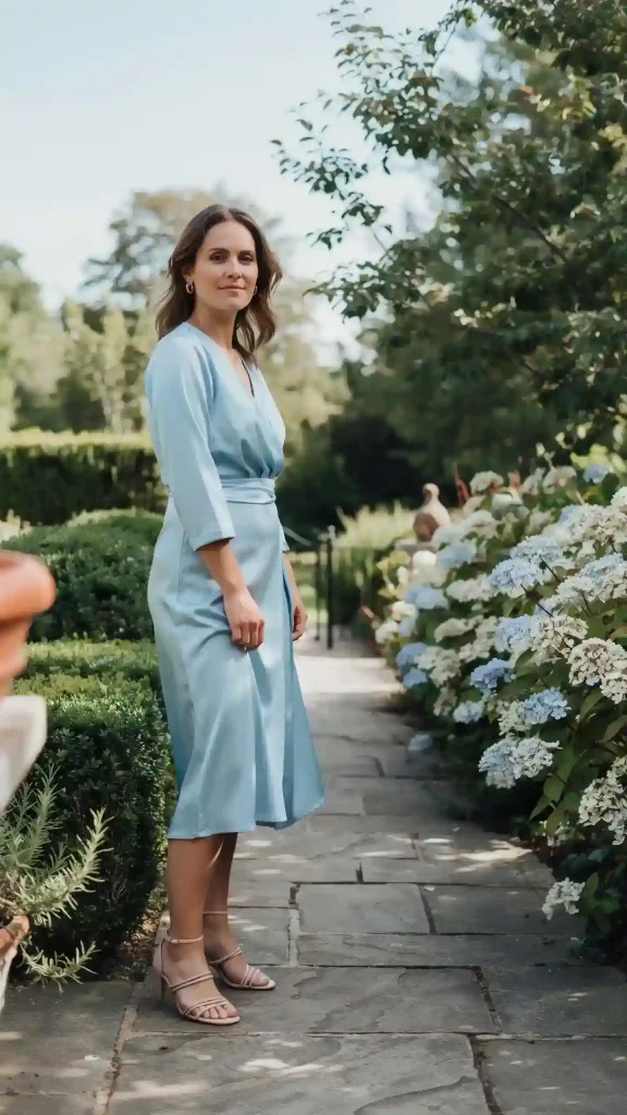 Professional-Casual-Style-Sky-Blue-Wrap-Dress-With-Nude-Sandals Professional Casual Style Sky Blue Wrap Dress With Nude Sandals