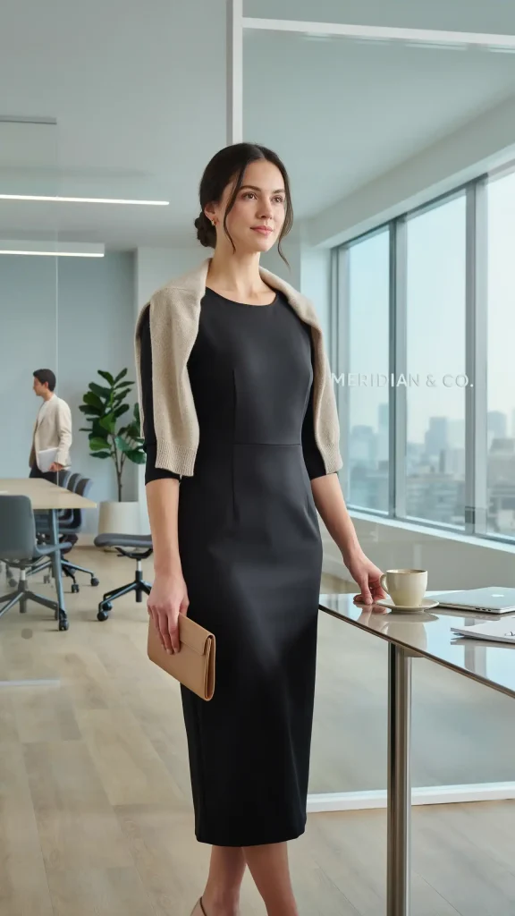 Professional-Elegant-Style-Black-Midi-Dress-With-Light-Beige-Shrug Professional Elegant Style Black Midi Dress With Light Beige Shrug