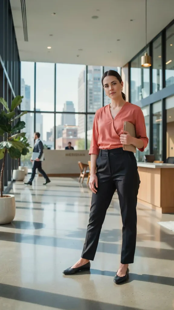 Professional-Style-Coral-Wrap-Top-With-High-Waisted-Pants Professional Style Coral Wrap Top With High Waisted Pants