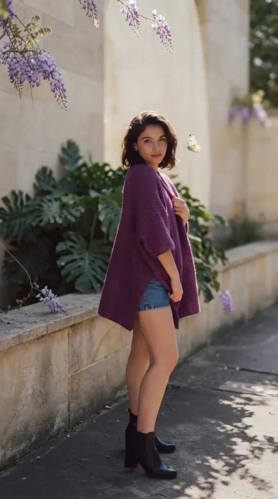 Purple-Poncho-with-Denim-Skirt-and-Ankle-Boots-Summer Purple Poncho with Denim Skirt and Ankle Boots Summer