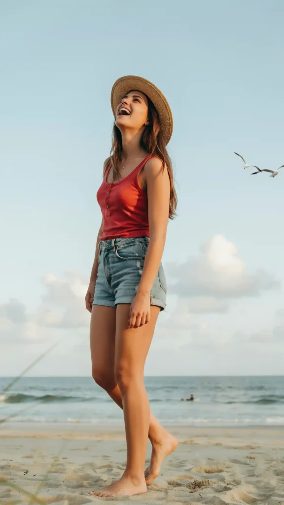 Red-Button-Tank-Top-with-High-Waist-Denim-Shorts-Beach Red Button Tank Top with High Waist Denim Shorts Beach