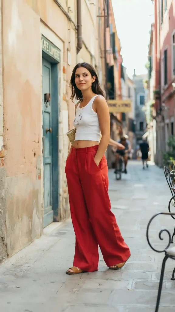 Red-Color-Wide-Leg-Linen-Trousers-With-Cropped-Graphic-Tank Red Color Wide Leg Linen Trousers With Cropped Graphic Tank