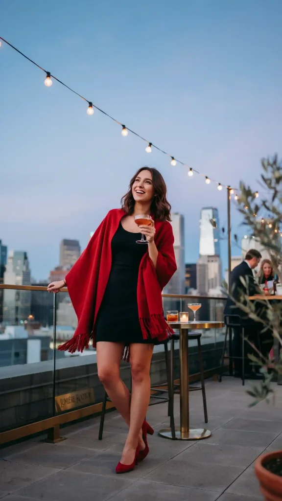 Red-Poncho-Worn-Over-Mini-Dress-with-Summer-Heels Red Poncho Worn Over Mini Dress with Summer Heels