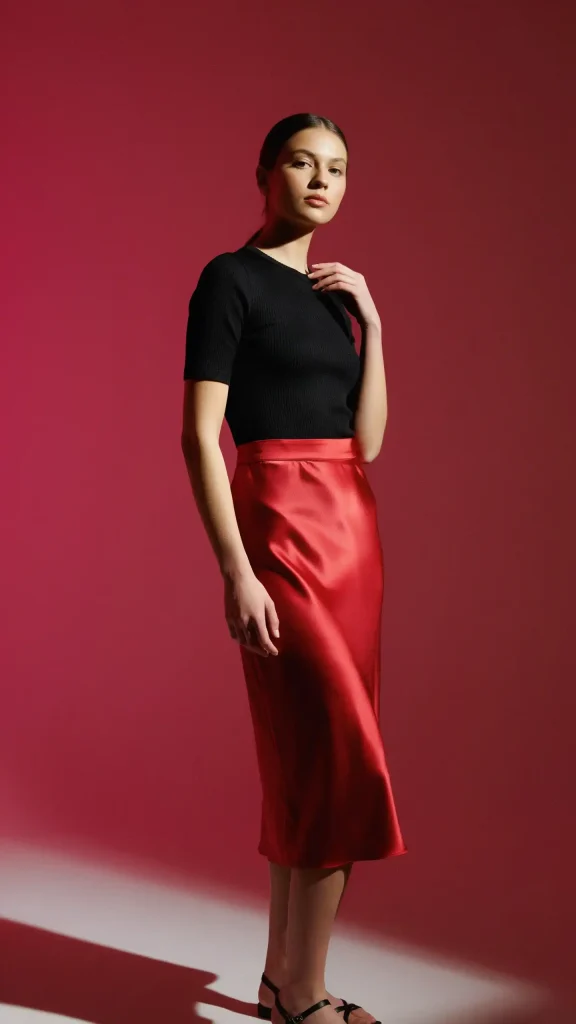 Red-Satin-Slip-Skirt-Worn-with-a-Black-Fitted-Tee-and-Flat-Sandals Red Satin Slip Skirt Worn with a Black Fitted Tee and Flat Sandals