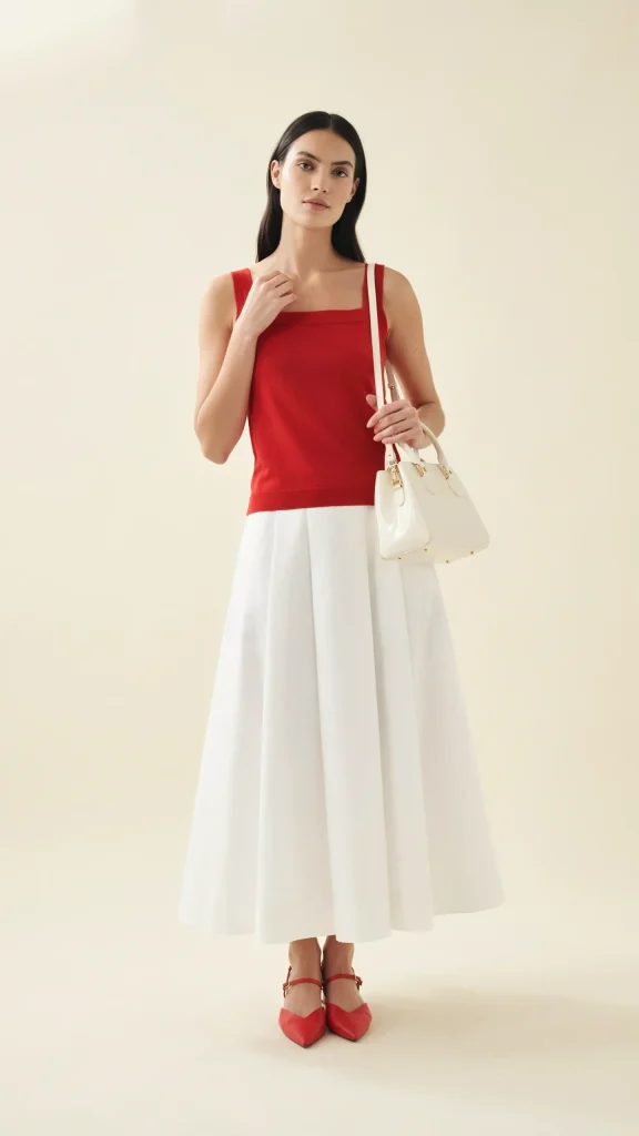 Red-Square-Neck-Tank-Top-with-White-Cotton-Maxi-Skirt Red Square-Neck Tank Top with White Cotton Maxi Skirt