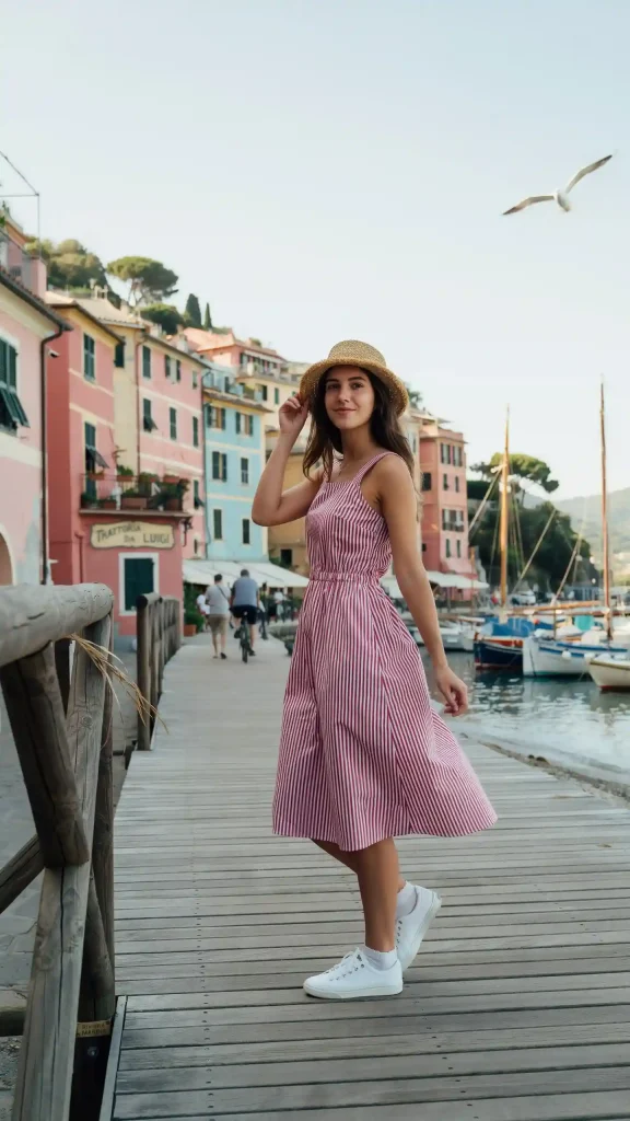 Red-White-Striped-Sundress-With-Straw-Hat Red & White Striped Sundress With Straw Hat