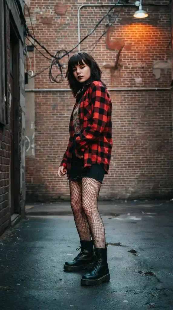 Red-and-Black-Plaid-Flannel-Shirt-with-Black-Mini-Skirt-Fishnet-Tights-and-Black-Platform-Boots Red and Black Plaid Flannel Shirt with Black Mini Skirt, Fishnet Tights, and Black Platform Boots