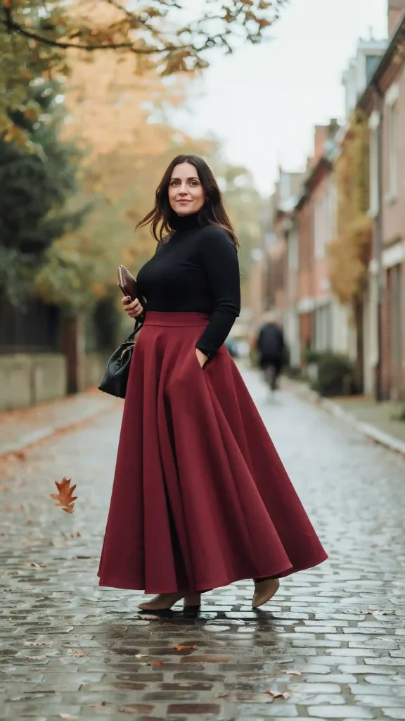 Rich-Burgundy-Maxi-Skirt-and-Black-Fitted-Turtleneck Rich Burgundy Maxi Skirt and Black Fitted Turtleneck