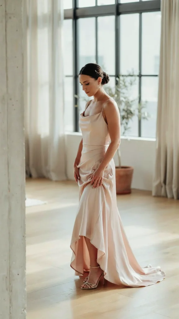 Romantic-Bride-In-a-Flowing-Blush-Silk-Charmeuse-With-Asymmetrical-Hemline Romantic Bride In a Flowing Blush Silk Charmeuse With Asymmetrical Hemline