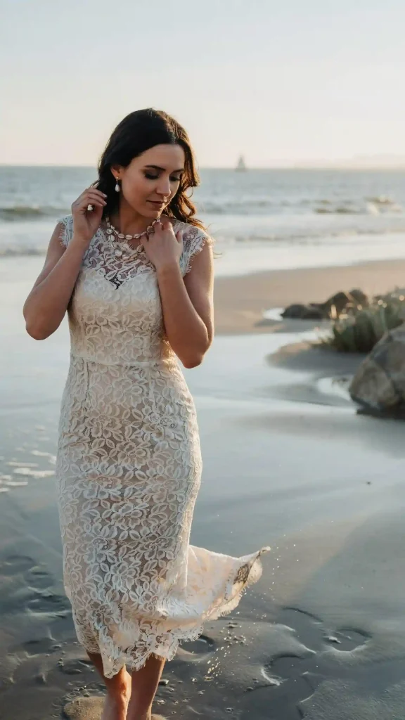 Romantic-Ivory-Lace-Midi-Dress-Feminine-Coastal-Wedding Romantic Ivory Lace Midi Dress Feminine Coastal Wedding