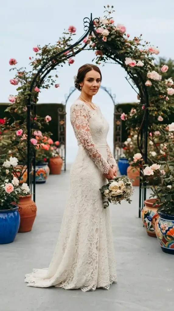 Romantic-Ivory-Long-Sleeve-Lace-Dress-In-A-Romantic-Garden-Ceremony Romantic Ivory Long Sleeve Lace Dress In A Romantic Garden Ceremony