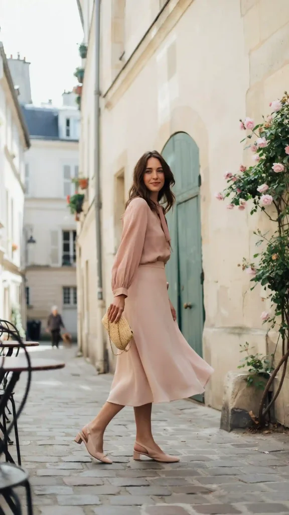 Romantic-Semi-Formal-Idea-Dusty-Rose-Blouse-With-Flowy-Midi-Skirt Romantic Semi-Formal Idea Dusty Rose Blouse With Flowy Midi Skirt
