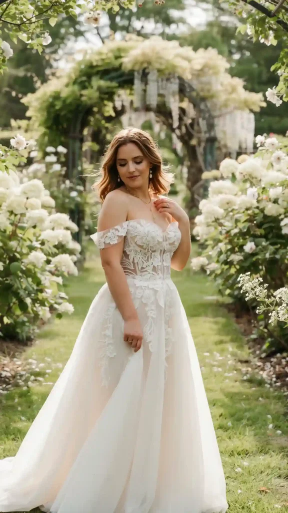 Romantic-White-Off-Shoulder-Lace-Ball-Gown-Dress-For-Curvy-Bride Romantic White Off Shoulder Lace Ball Gown Dress For Curvy Bride