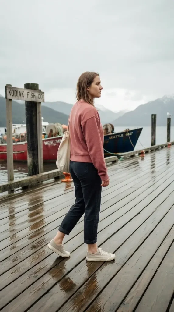 Rosewood-Sweatshirt-with-Dark-Indigo-Barrel-Leg-Jeans-Outfit Rosewood Sweatshirt with Dark Indigo Barrel Leg Jeans Outfit