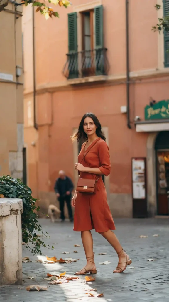 Rust-Color-Wrap-Dress-With-Leather-Sandals Rust Color Wrap Dress With Leather Sandals