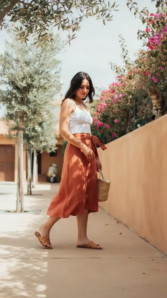 Rust-Color-Wrap-Midi-Skirt-with-White-Crop-Tank Rust Color Wrap Midi Skirt with White Crop Tank