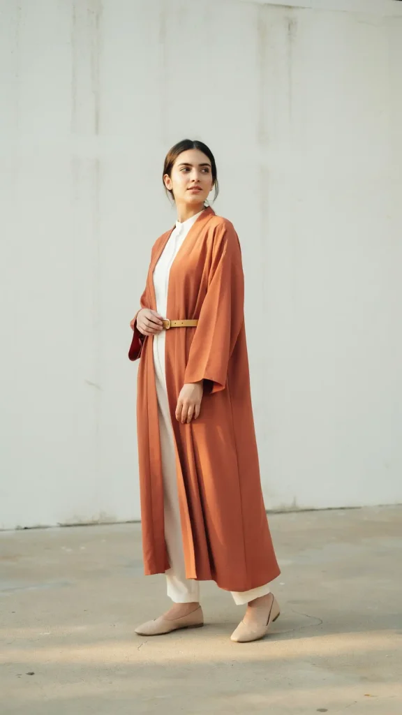 Rust-Front-Open-Abaya-With-White-Inner-Outfit Rust Front-Open Abaya With White Inner Outfit