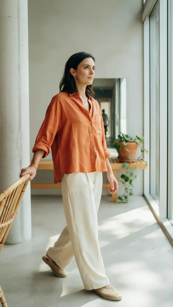 Rust-Linen-Button-Up-Shirt-With-Cream-Wide-Leg-Linen-Trousers Rust Linen Button-Up Shirt With Cream Wide-Leg Linen Trousers