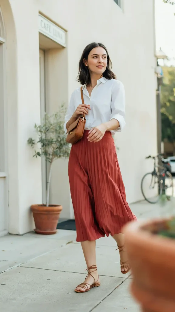 Rust-Red-Pleated-Midi-Skirt-With-White-Blouse. Rust Red Pleated Midi Skirt With White Blouse