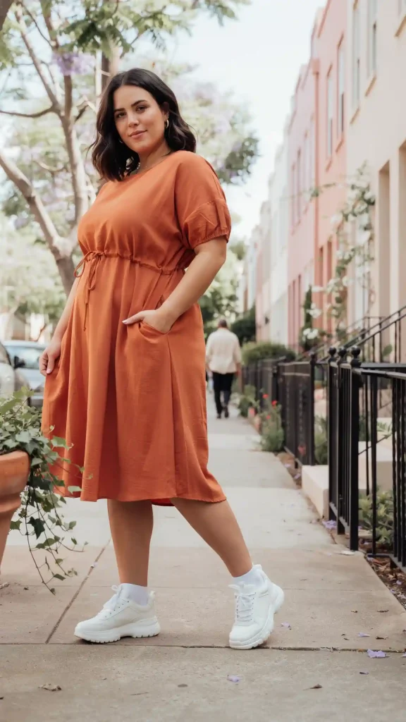 Rust Smock Dress with White Chunky Sneakers