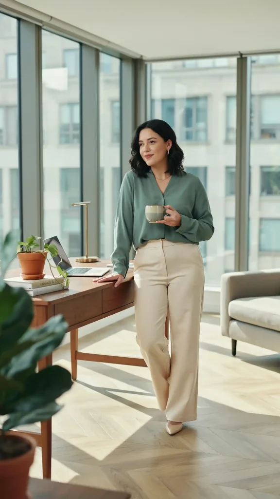 Sage-Green-Blouse-with-Cream-Trousers-Work-Outfit Sage Green Blouse with Cream Trousers Work Outfit