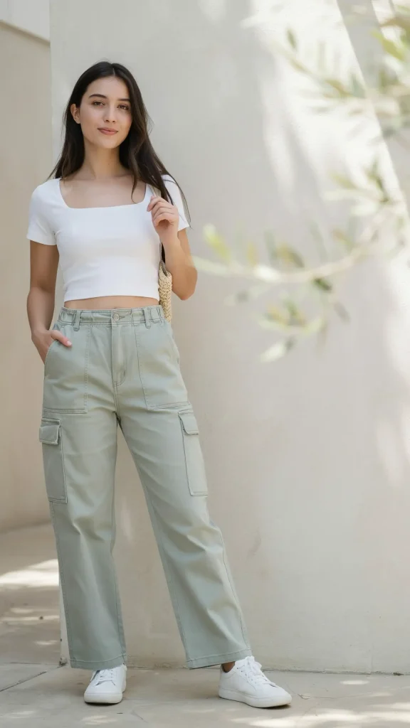 Sage-Green-Cargo-Pants-With-Square-Neck-White-Crop-Top Sage Green Cargo Pants With Square Neck White Crop Top