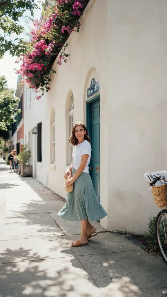 Sage-Green-Casual-Midi-Skirt-Outfit-With-White-Tee Sage Green Casual Midi Skirt Outfit With White Tee