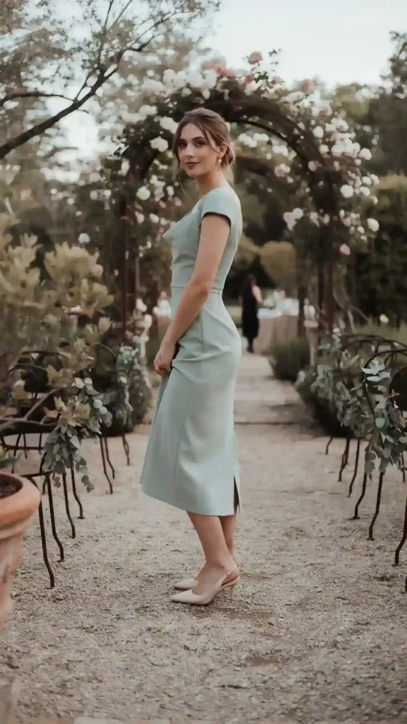 Sage-Green-Fitted-Sheath-Midi-Dress-Nude-Heels. Sage Green Fitted Sheath Midi Dress & Nude Heels