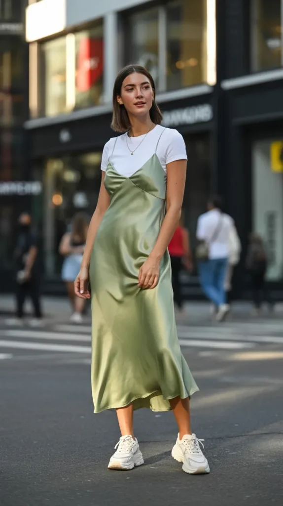 Sage-Green-Slip-Dress-Layered-Over-a-White-Tee Sage Green Slip Dress Layered Over a White Tee