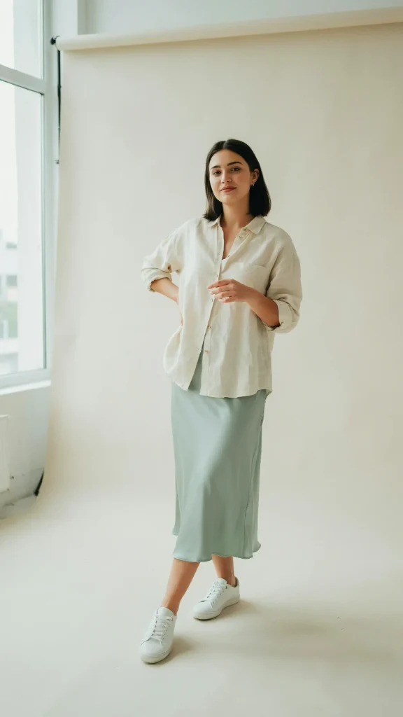 Sage-Green-Slip-Skirt-Paired-with-a-Cream-Oversized-Linen-Button-Up-Shirt-and-White-Sneakers Sage Green Slip Skirt Paired with a Cream Oversized Linen Button-Up Shirt and White Sneakers