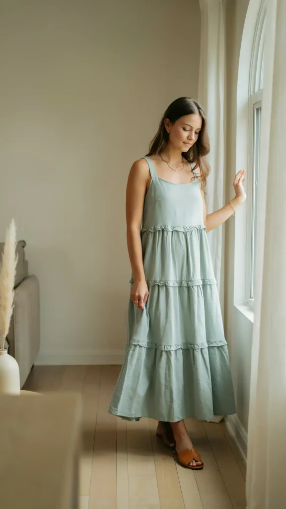 Sage-Green-Tiered-Flowy-Maxi-with-Flat-Leather-Slides Sage Green Tiered Flowy Maxi with Flat Leather Slides