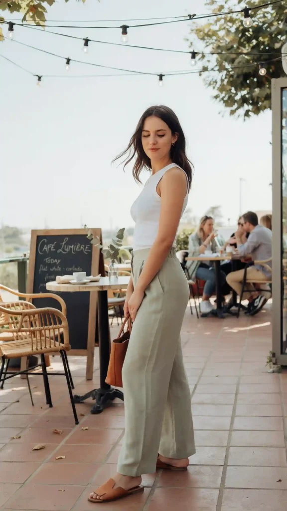 Sage-Green-Wide-Leg-Trouser-With-Sleeveless-White-Top Sage Green Wide-Leg Trouser With Sleeveless White Top