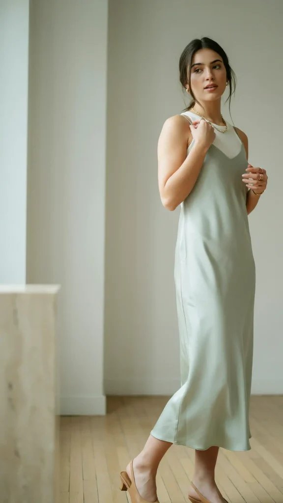 Sage-Slip-Slip-Dress-Layered-Over-Cream-Tee-Gold-Jewellery Sage Slip Slip Dress Layered Over Cream Tee & Gold Jewellery