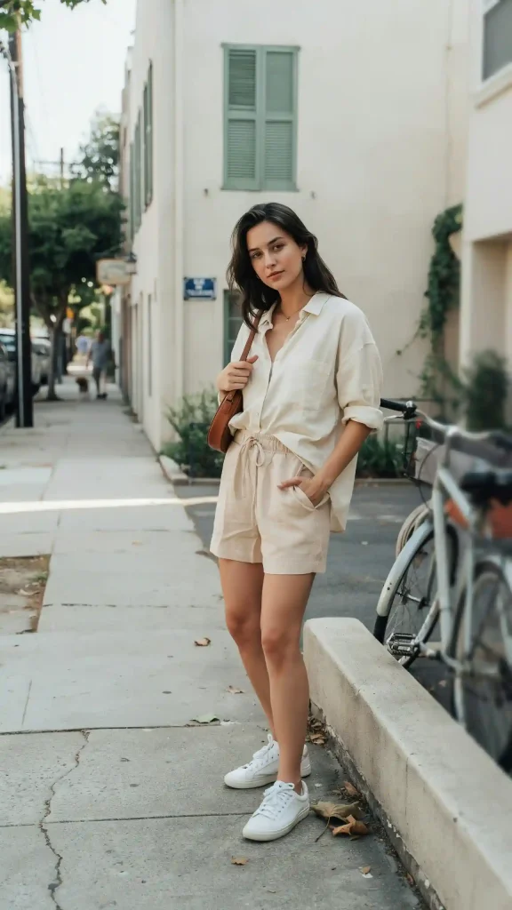 Sand-Beige-Paperbag-Shorts-With-Oversized-Button-Down-Shirt Sand Beige Paperbag Shorts With Oversized Button Down Shirt