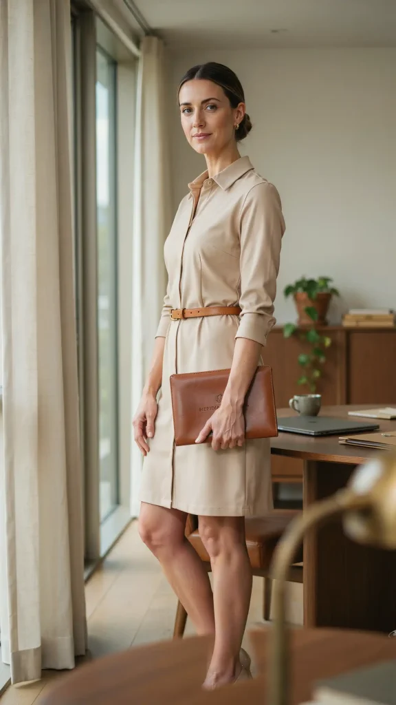 Sand-Beige-Shirt-Dress-Belted-Polished-Office-Summer-Style-Look Sand Beige Shirt Dress Belted Polished Office Summer Style Look