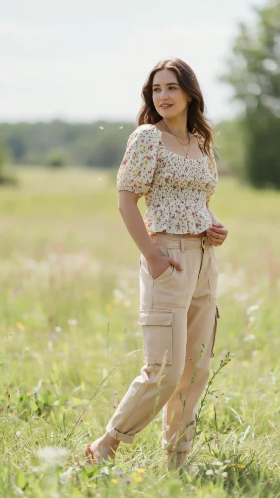 Sand-Cargo-Pants-With-Floral-Smocked-Crop-Top-Outfit Sand Cargo Pants With Floral Smocked Crop Top Outfit