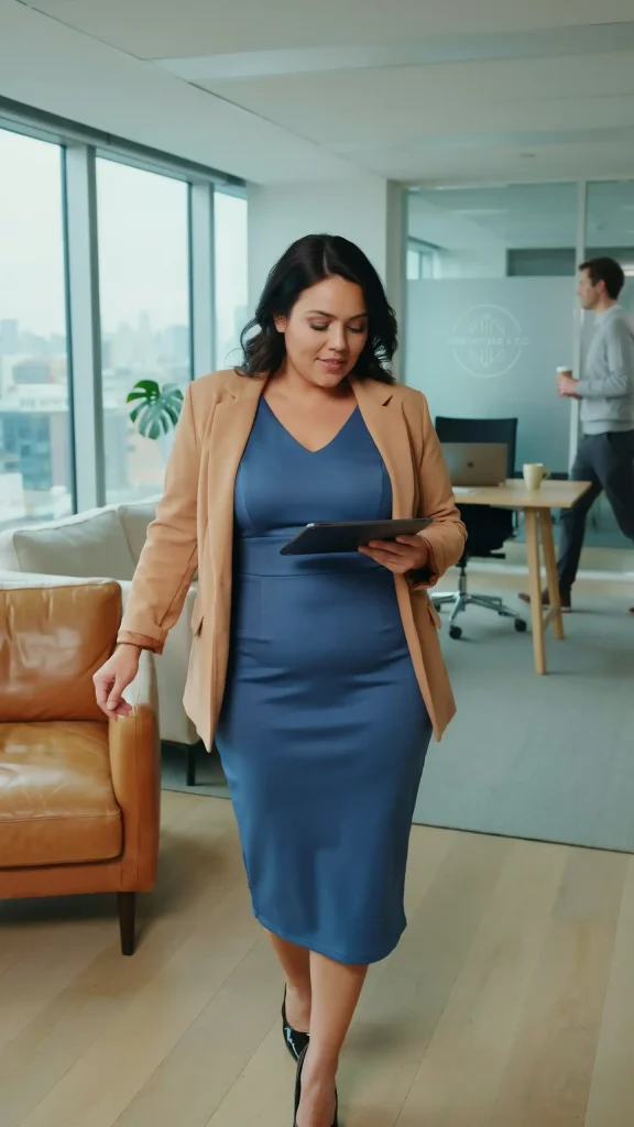 Sapphire-Blue-Shift-Dress-with-Tan-Blazer-Work-Outfit Sapphire Blue Shift Dress with Tan Blazer Work Outfit