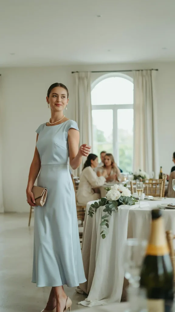 Satin-Midi-Dress-With-Cap-Sleeves-Pearls-Accessories Satin Midi Dress With Cap Sleeves & Pearls Accessories