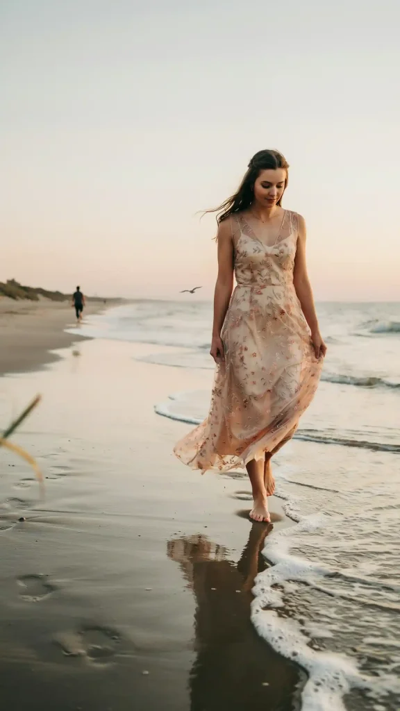 Sheer-Floral-Overlay-Dress-Golden-Hour-Beach-Scene Sheer Floral Overlay Dress Golden Hour Beach Scene