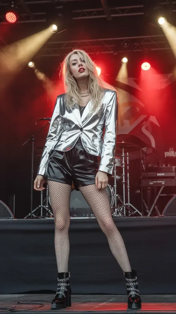 Silver-Metallic-Blazer-Black-Vinyl-Shorts-And-Fishnet-Tights Silver Metallic Blazer, Black Vinyl Shorts And Fishnet Tights