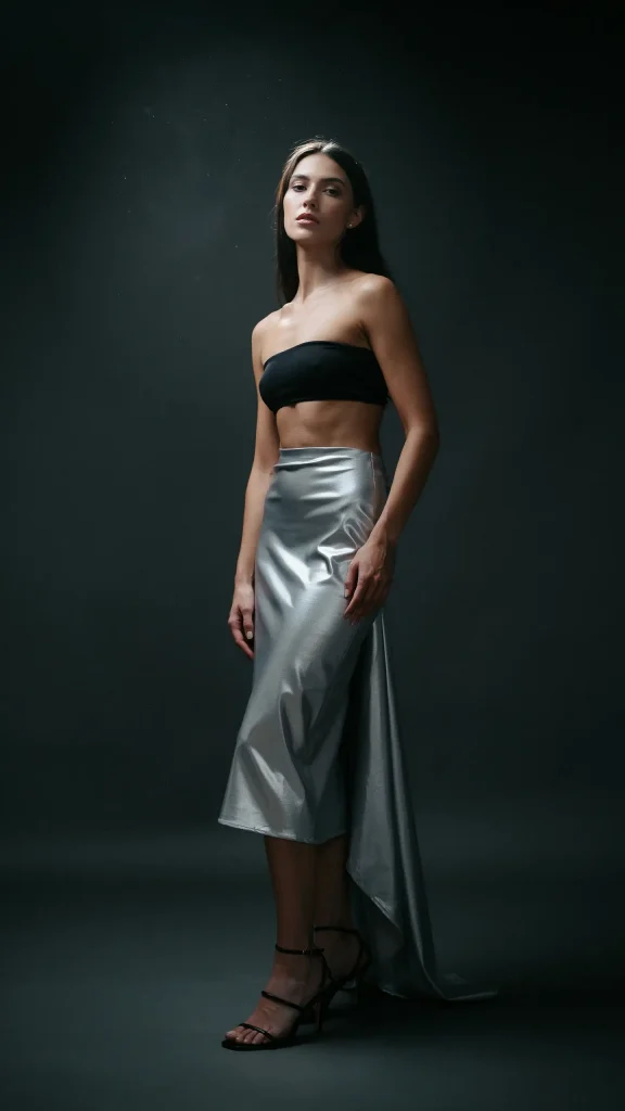 Silver-Slip-Skirt-Paired-with-a-Black-Bandeau-Top-and-Minimal-Sandals Silver Slip Skirt Paired with a Black Bandeau Top and Minimal Sandals