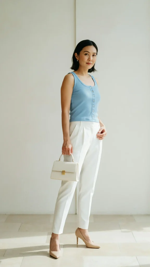 Sky-Blue-Button-Tank-Top-with-Pleated-White-Trousers Sky Blue Button Tank Top with Pleated White Trousers