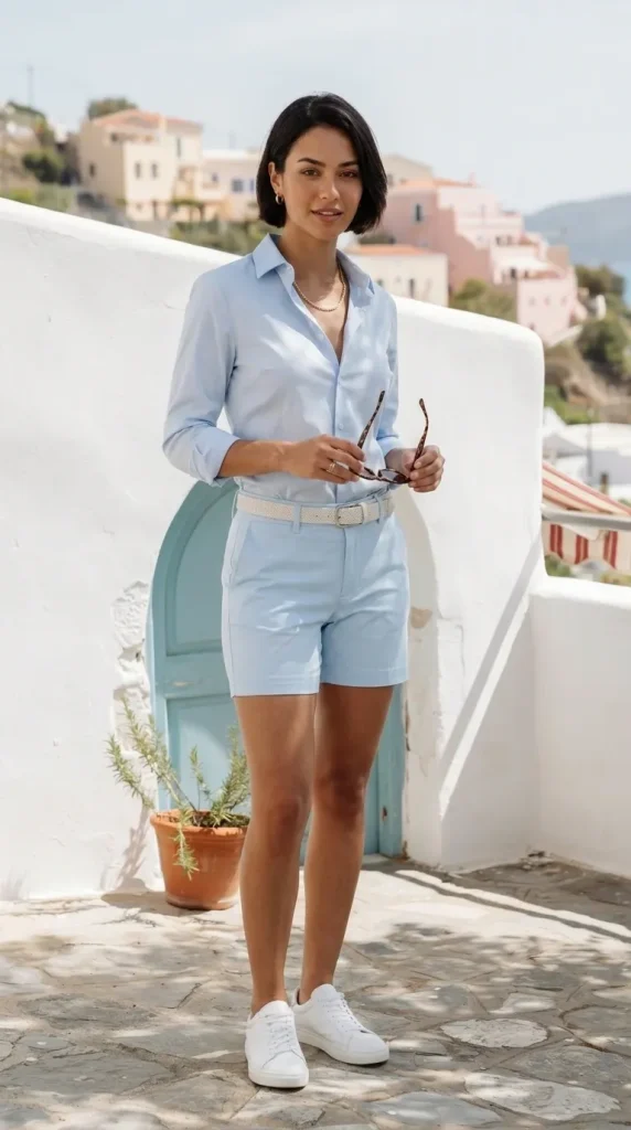 Sky-Blue-Cotton-Shirt-With-Matching-Tailored-Shorts Sky Blue Cotton Shirt With Matching Tailored Shorts