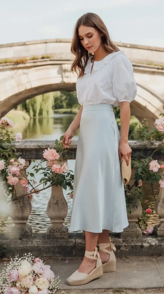 Sky-Blue-Slip-Skirt-Worn-with-a-White-Puff-Sleeve-Blouse-and-Espadrille-Wedges Sky Blue Slip Skirt Worn with a White Puff Sleeve Blouse and Espadrille Wedges