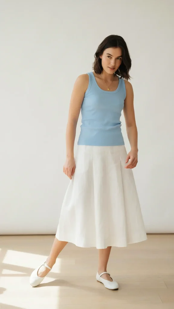 Sky-Blue-Tank-Top-with-White-Linen-Midi-Skirt Sky Blue Tank Top with White Linen Midi Skirt