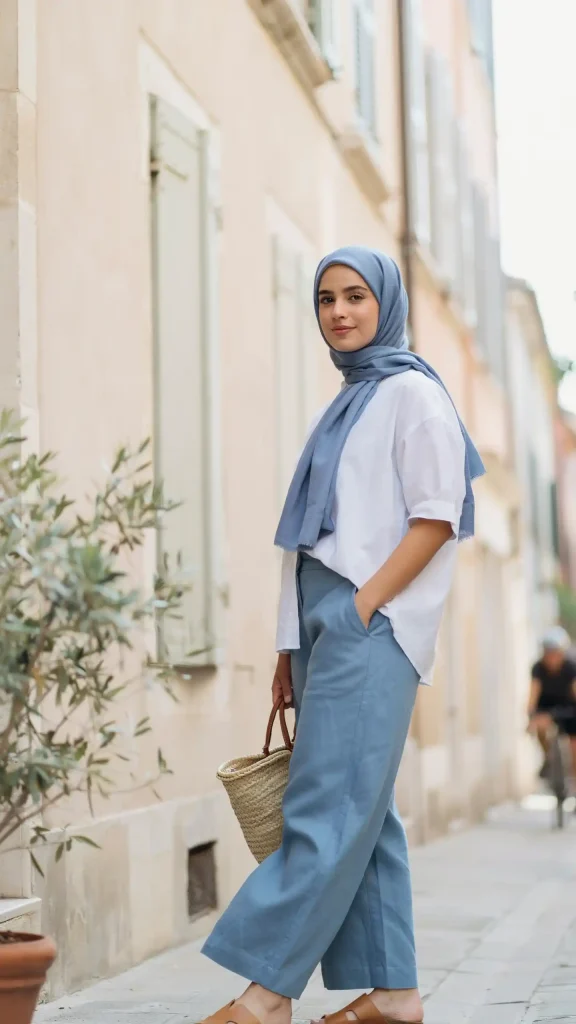 Sky-Blue-Wide-Leg-Pants-With-Relaxed-Casual-Hijab-Outfit Sky Blue Wide-Leg Pants With Relaxed Casual Hijab Outfit