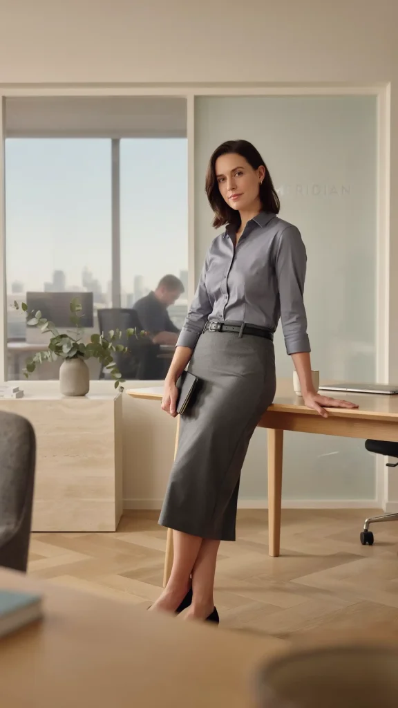 Slate-Grey-Shirt-Midi-Skirt-Set-Modern-Work-Summer-Style Slate Grey Shirt Midi Skirt Set Modern Work Summer Style