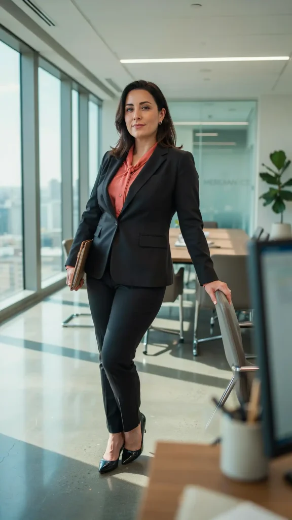 Sleek-Black-Pantsuit-with-Coral-Blouse-Office-Outfit Sleek Black Pantsuit with Coral Blouse Office Outfit
